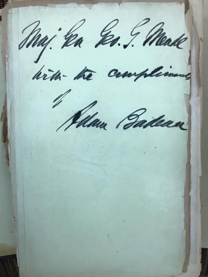 Inscription to Major General George G. Meade found in Ulysses S. Grant’s book on military history.